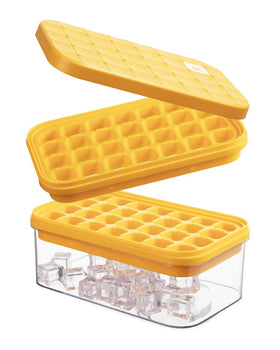 Brigii ice cube tray with lid and bin, silicone bottom eases release, keeps ice organized.