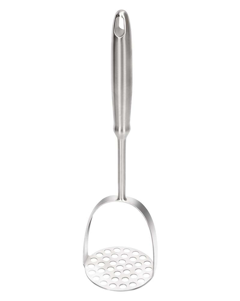 Brigii potato masher with 37-hole plate for ultra-fine mashing and smooth texture.