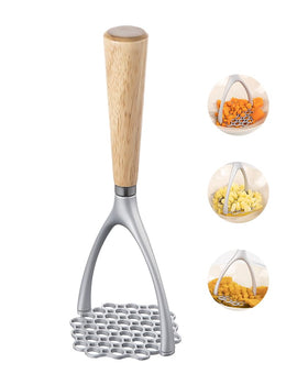 Brigii potato masher with wooden handle for comfortable grip and durability.