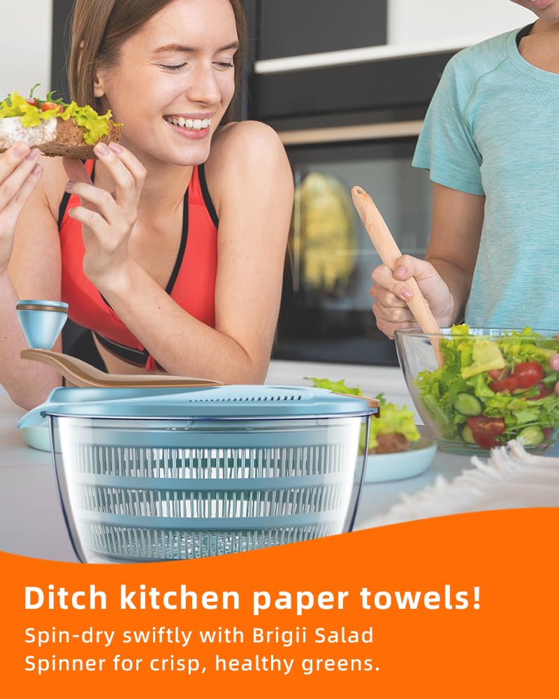 Brigii salad spinner shown with dishwasher-safe maintenance.