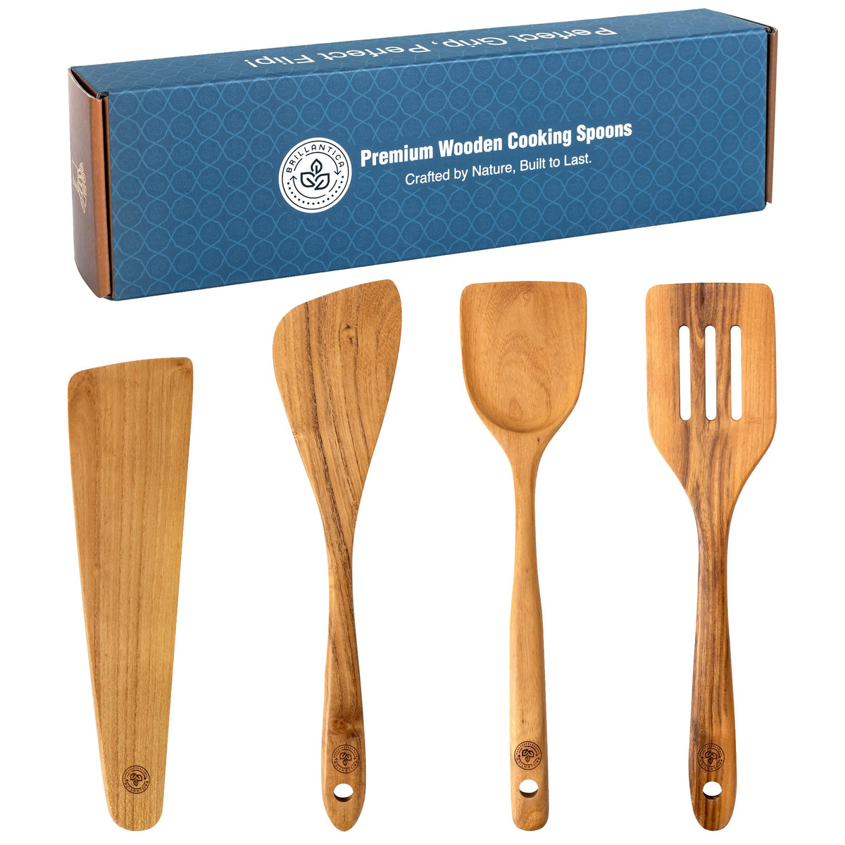 Brillantica flat spatula in natural wood, protects nonstick pans while flipping.