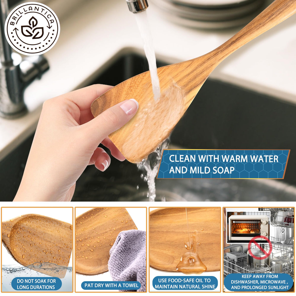 Brillantica wooden utensil set displayed in kitchen, warm and durable.