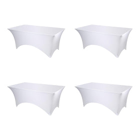 BRILLMAX 4 Pack white spandex table cover on a 6ft rectangle table for a clean display