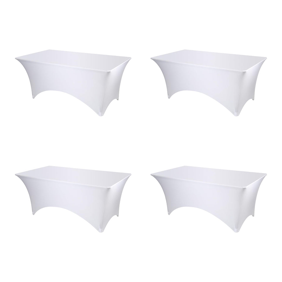 BRILLMAX 4 Pack white spandex table cover on a 6ft rectangle table for a clean display