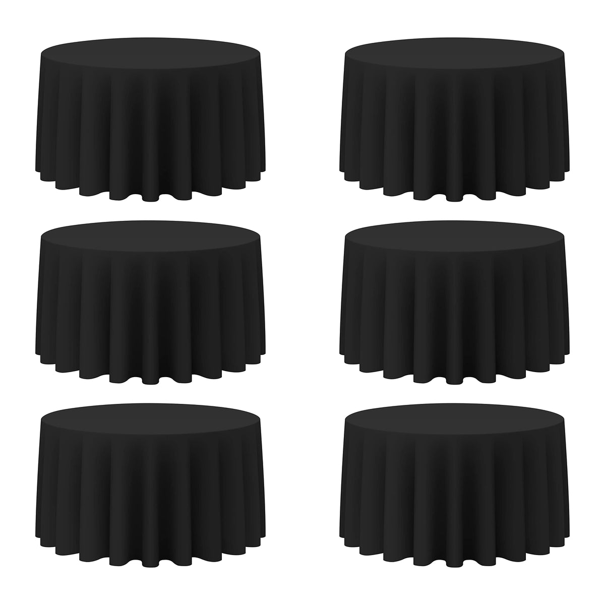 BRILLMAX 6-pack black round tablecloths 120-inch for 60-inch tables, elegant floor-length coverage.