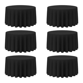 BRILLMAX 6-pack black round tablecloths 120-inch for 60-inch tables, elegant floor-length coverage.