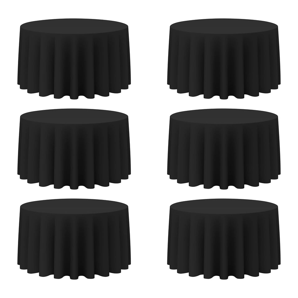 BRILLMAX 6-pack black round tablecloths 120-inch for 60-inch tables, elegant floor-length coverage.