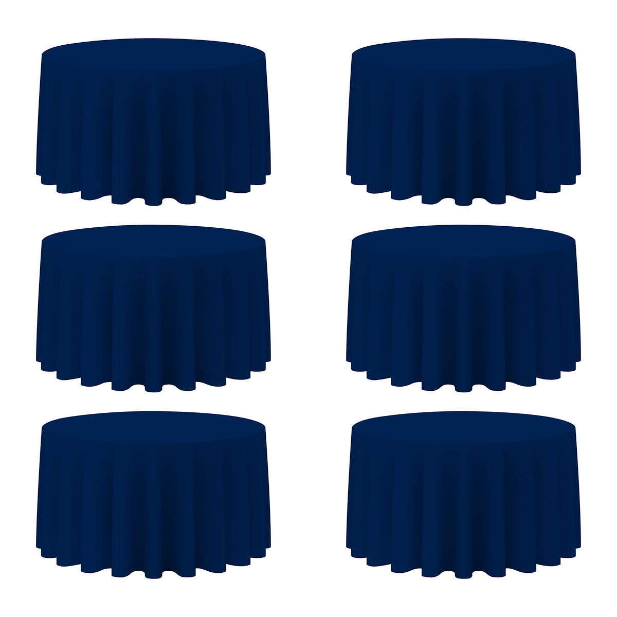 BRILLMAX 6-pack navy round tablecloths covering a 60-inch table with full floor-length drape