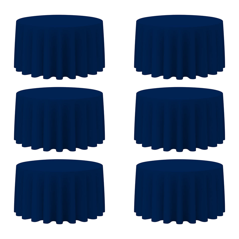 BRILLMAX 6-pack navy round tablecloths covering a 60-inch table with full floor-length drape