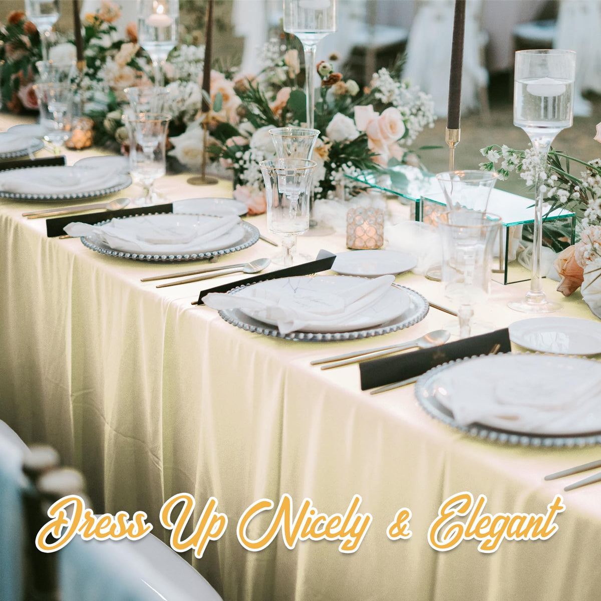 BRILLMAX tablecloth on buffet setup emphasizes cohesive, professional look.