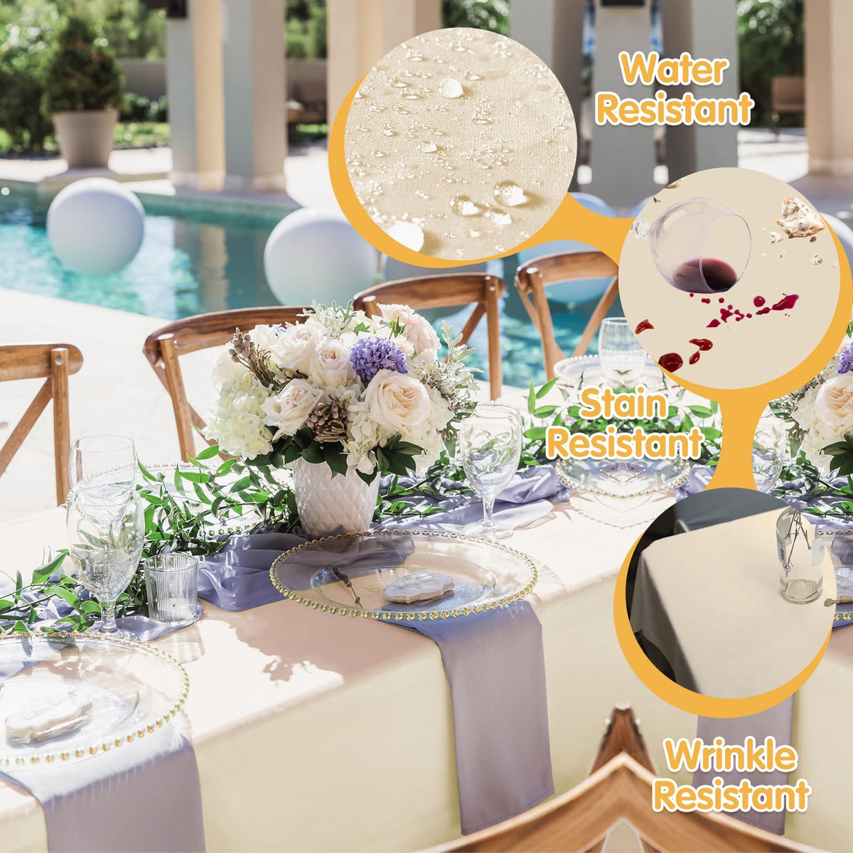 BRILLMAX beige tablecloth hemmed edge detail highlights durable, repeat-use construction.