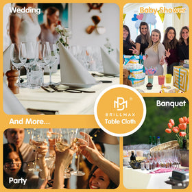 BRILLMAX ivory tablecloth creates a cohesive banquet backdrop for guests.