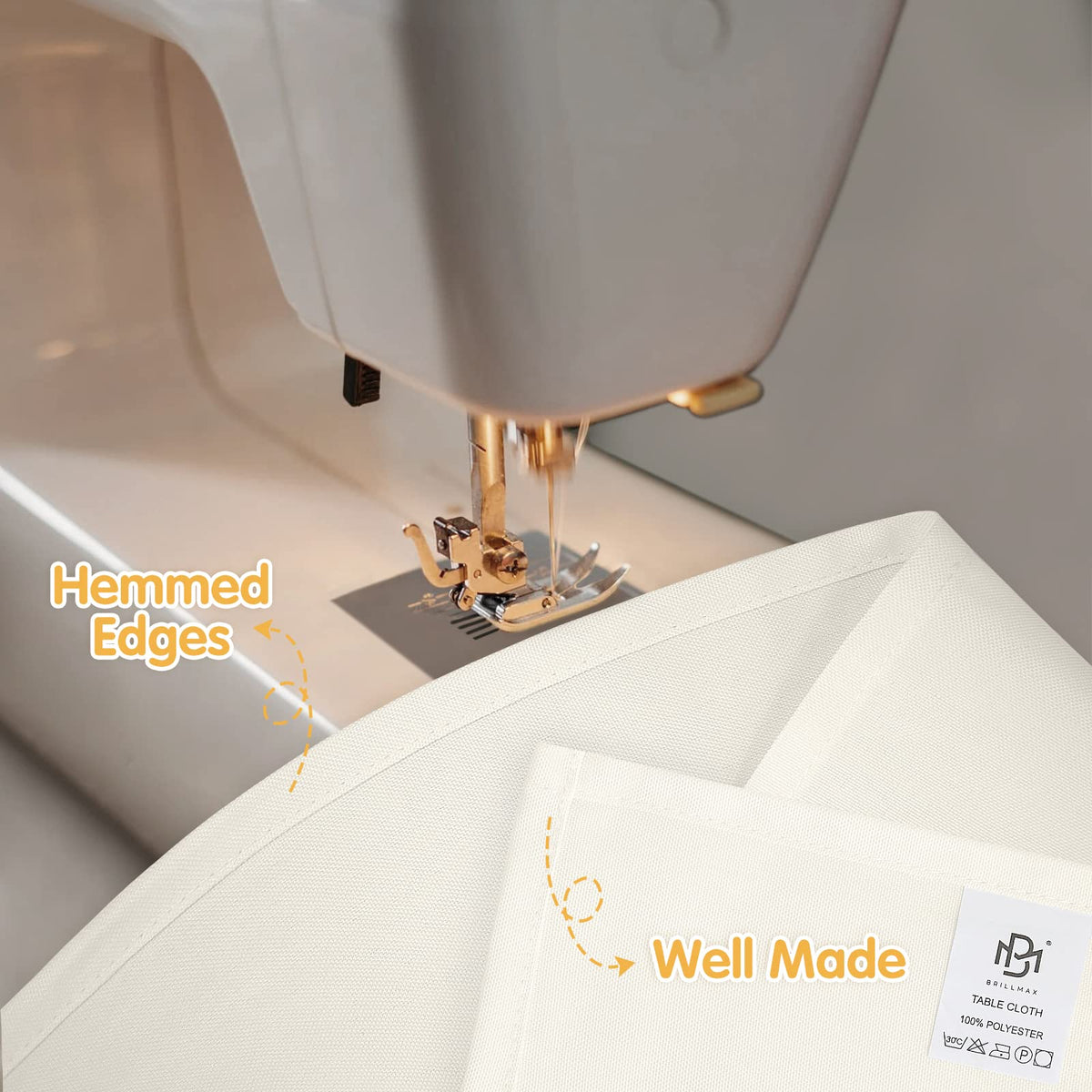 BRILLMAX ivory tablecloth demonstrates wrinkle resistance after folding for quick styling.