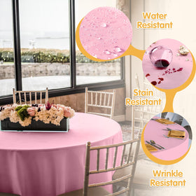 BRILLMAX pink round tablecloth showing spill-resistant surface for easy cleanup