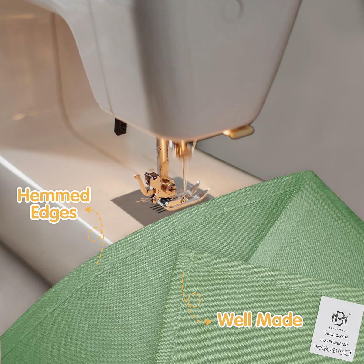 BRILLMAX sage green tablecloth spill-beading resists liquids for quick cleanup.