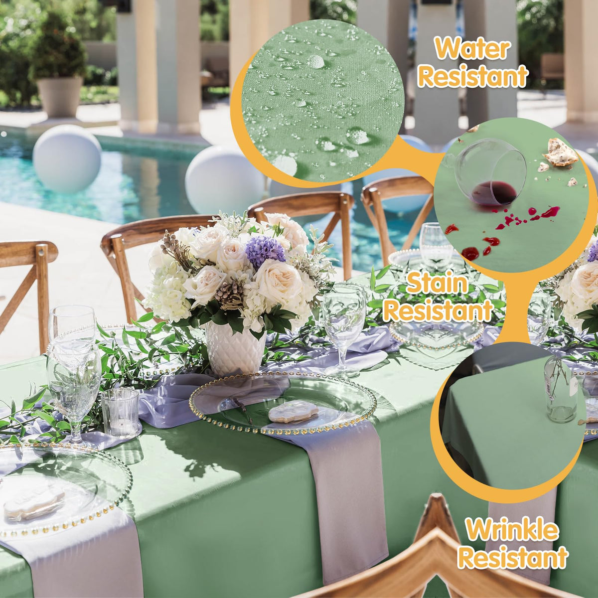 BRILLMAX sage green tablecloth wrinkle-resistant finish visible for easy upkeep.