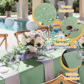 BRILLMAX sage green tablecloth wrinkle-resistant finish visible for easy upkeep.