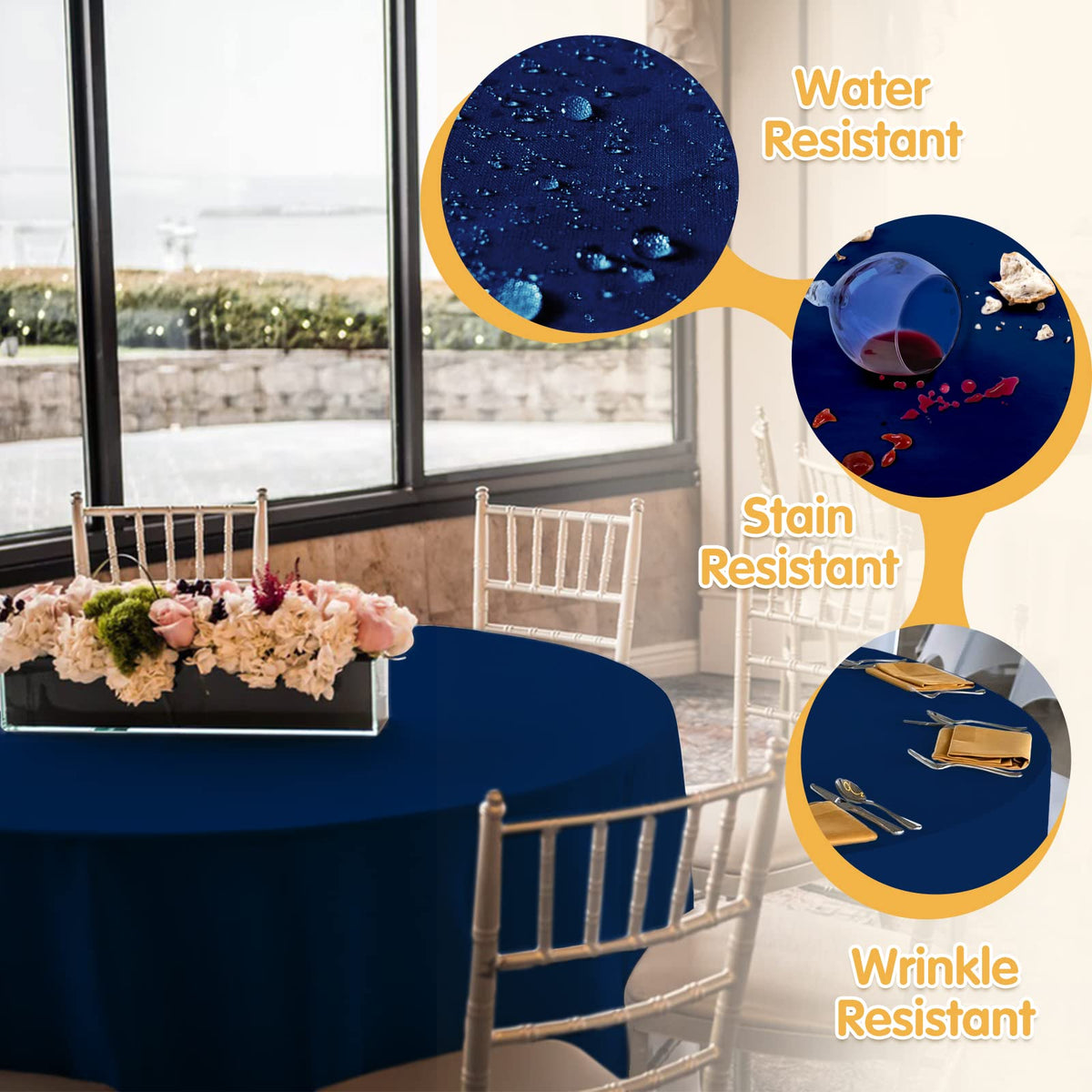 BRILLMAX tablecloth demonstrating spill-resistant finish for quick cleanup