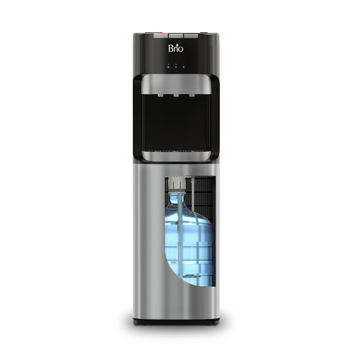 Brio bottom-loading dispenser front view showcases easy bottle handling and clean stainless finish.