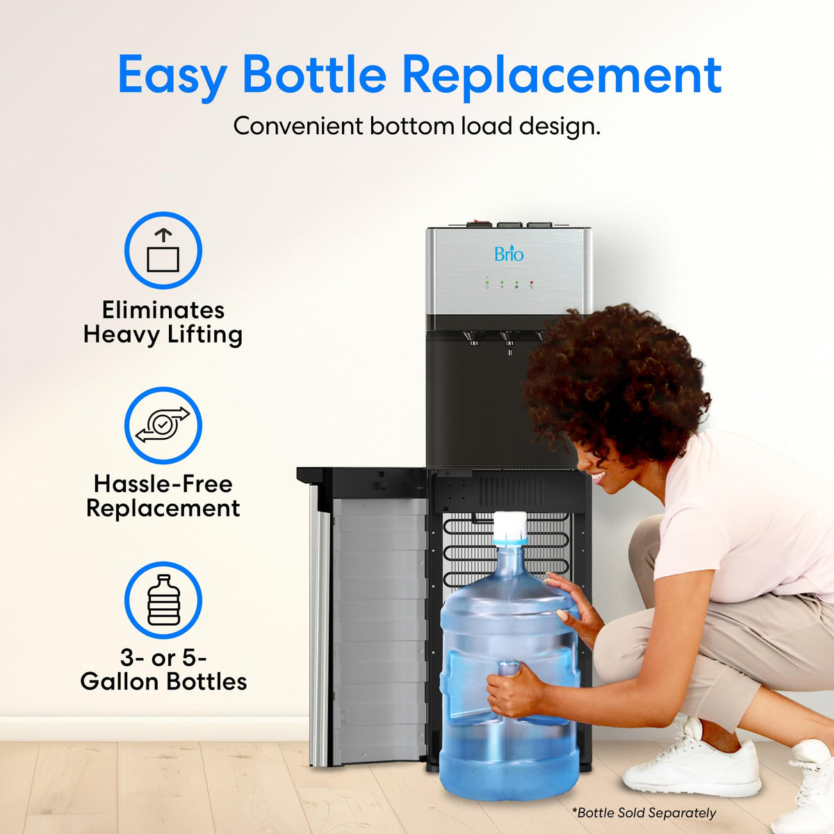 Brio hot cold room-temperature dispenser offering versatile beverage options.