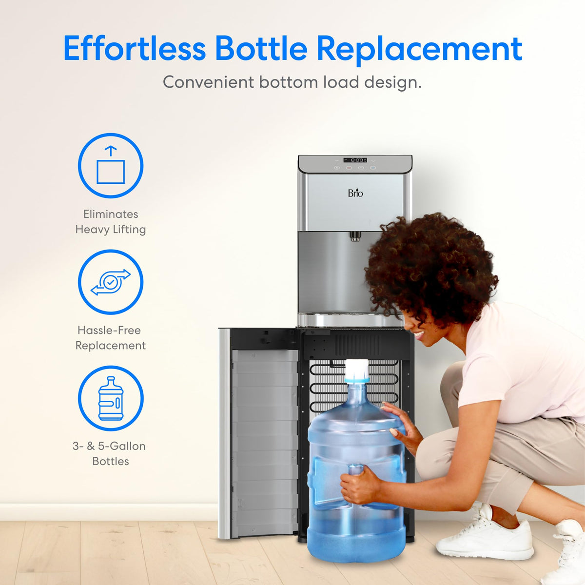 Brio Moderna bottom-load dispenser digital display and LED light for quick status checks.