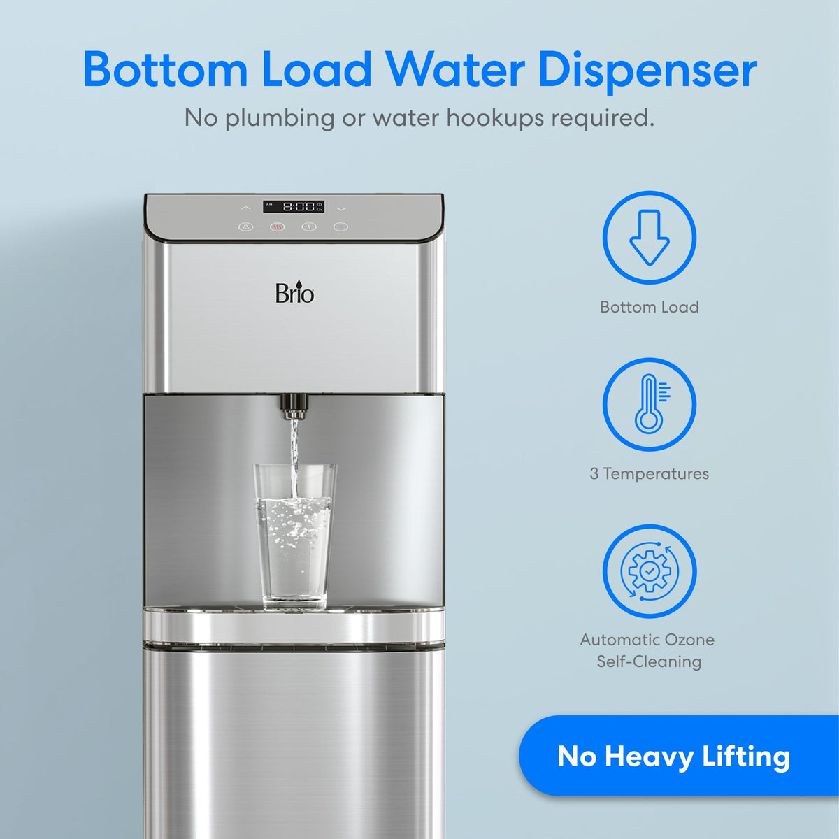 Brio Moderna bottom-load dispenser control panel and hot-cold dispense options.