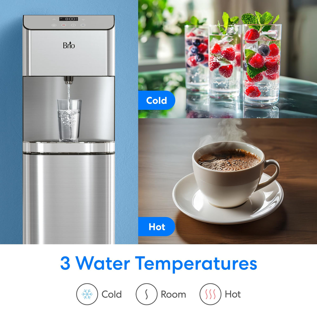 Brio Moderna bottom-load dispenser self-cleaning ozone mode for maintenance-free use.