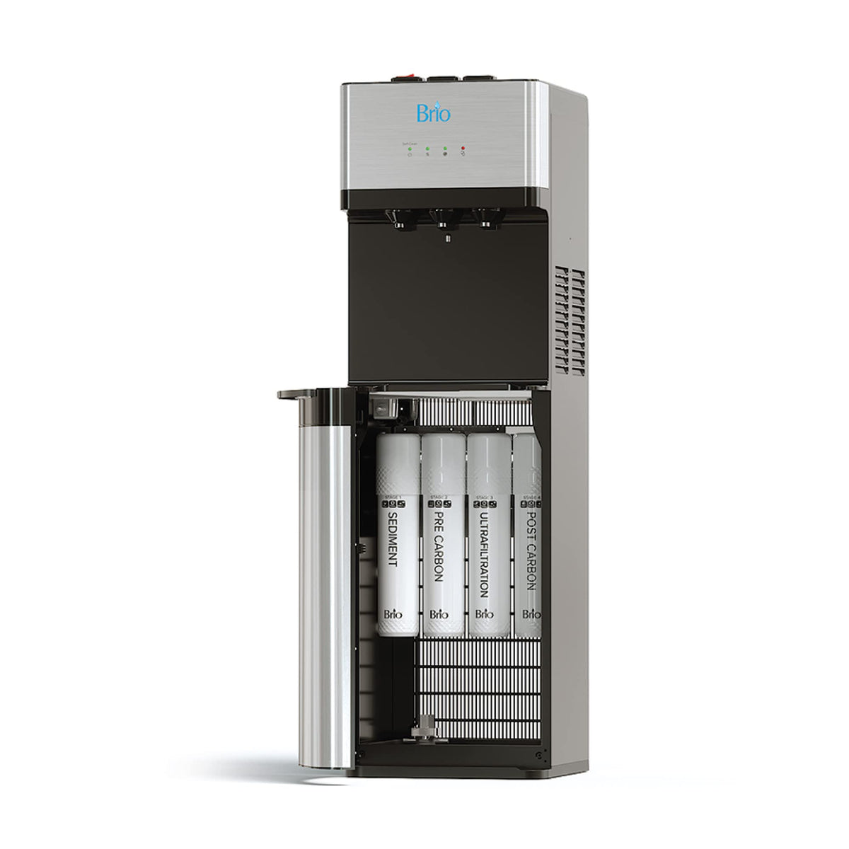 Brio self-cleaning bottleless water cooler front view with stainless steel finish.