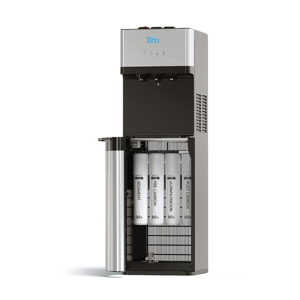 Brio self-cleaning bottleless water cooler front view with stainless steel finish.