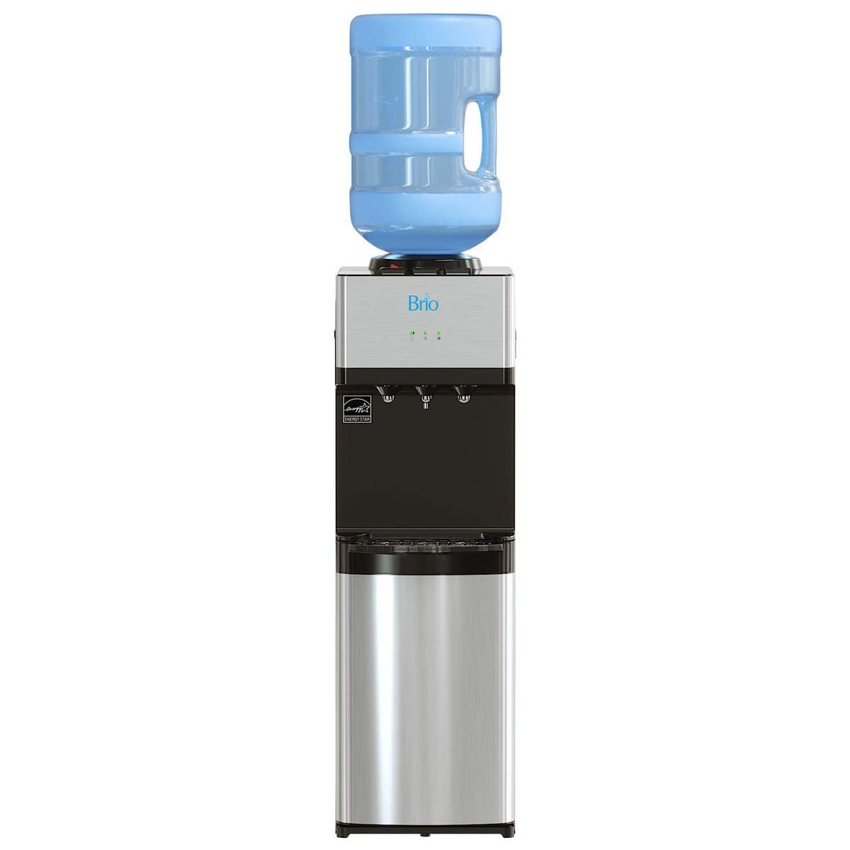 Brio top-loading water cooler assembly with a sleek stainless steel cabinet for modern spaces.