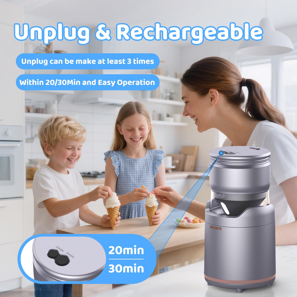BRIOBITE ice cream maker with detachable parts for easy cleanup.