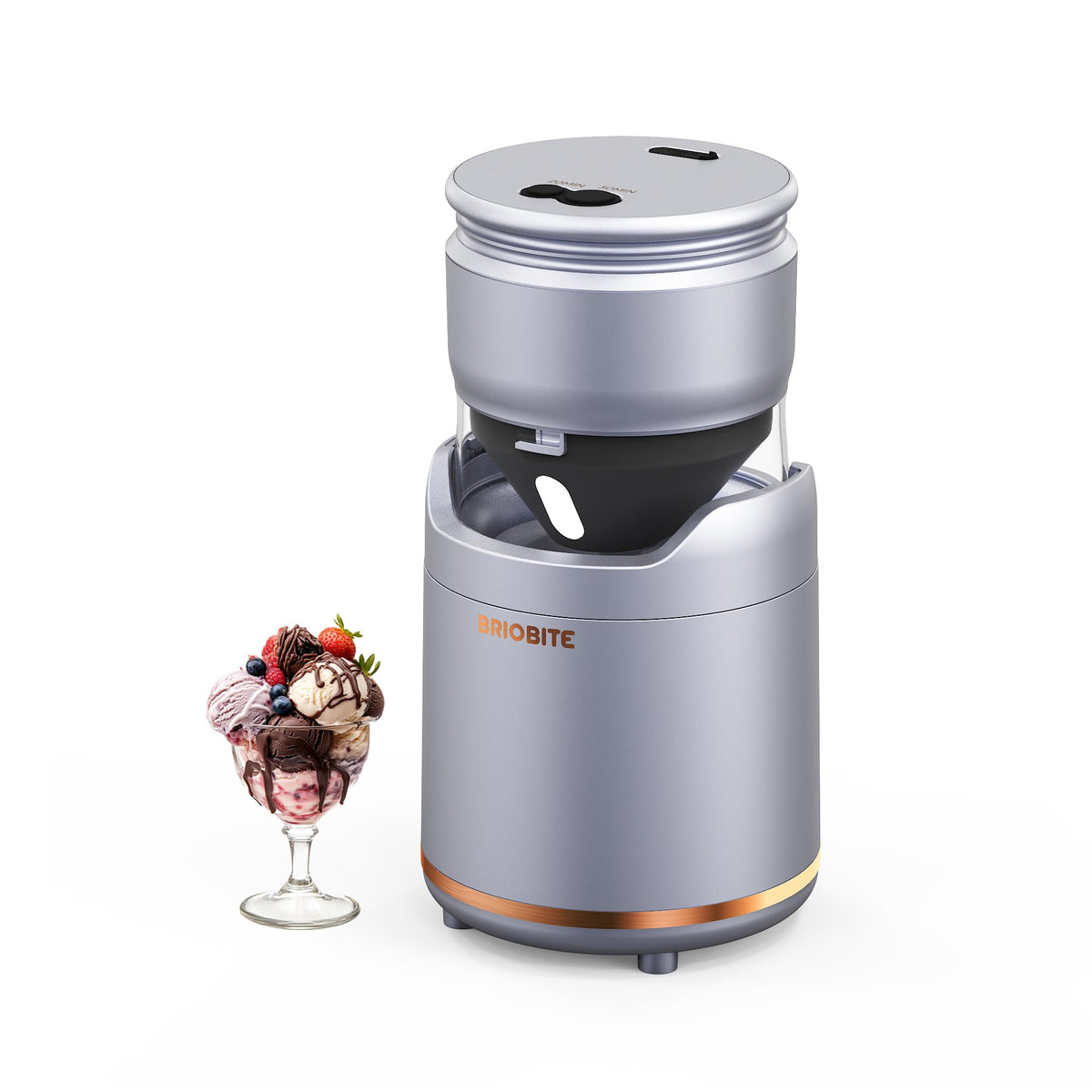 BRIOBITE ice cream maker front view, compact home dessert solution for 1-2 servings.