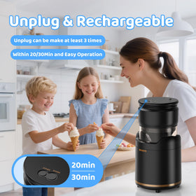 BRIOBITE ice cream maker with USB-C rechargeable battery for cordless use.