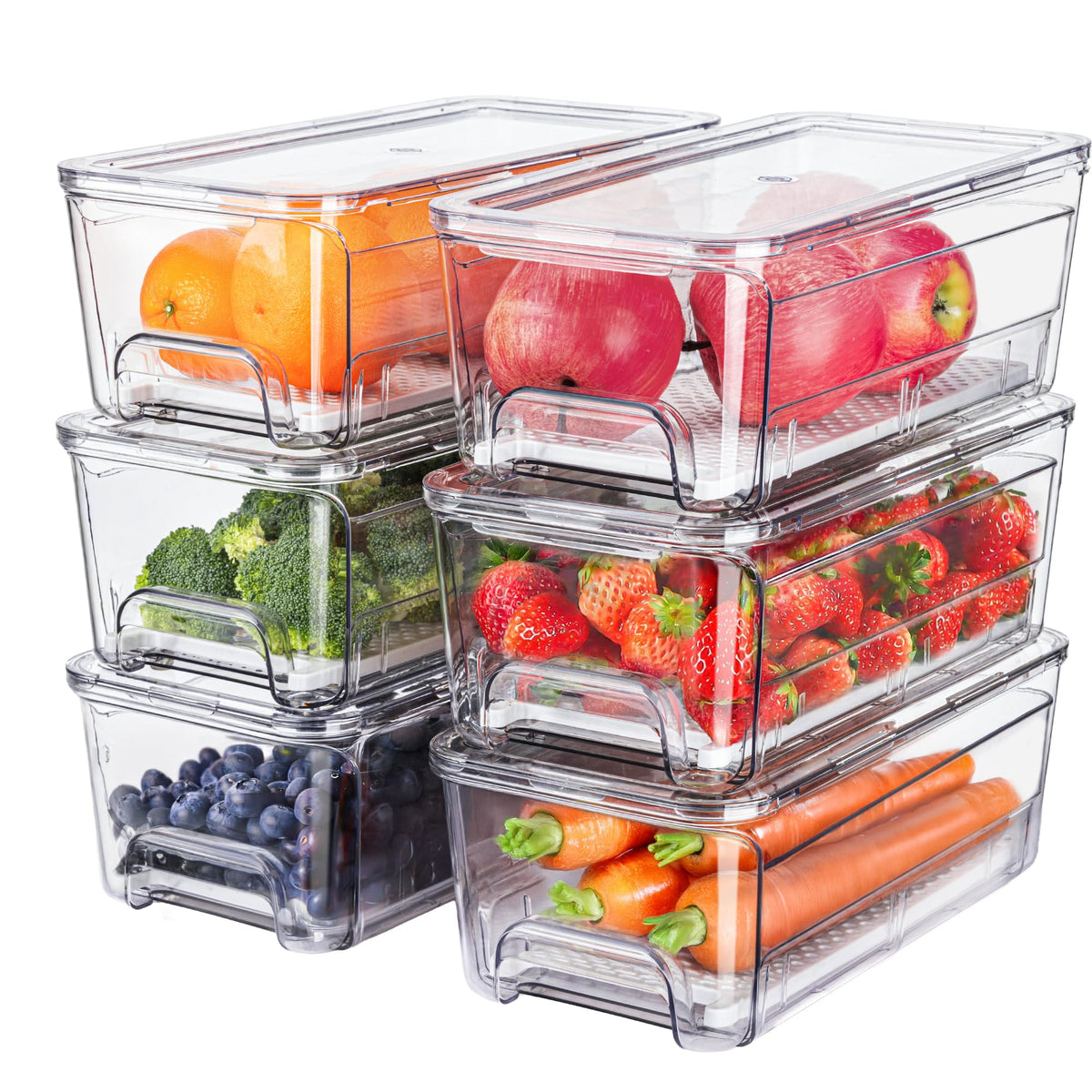 Brippo six-pack fridge drawer organizer with stackable bins for easy access.