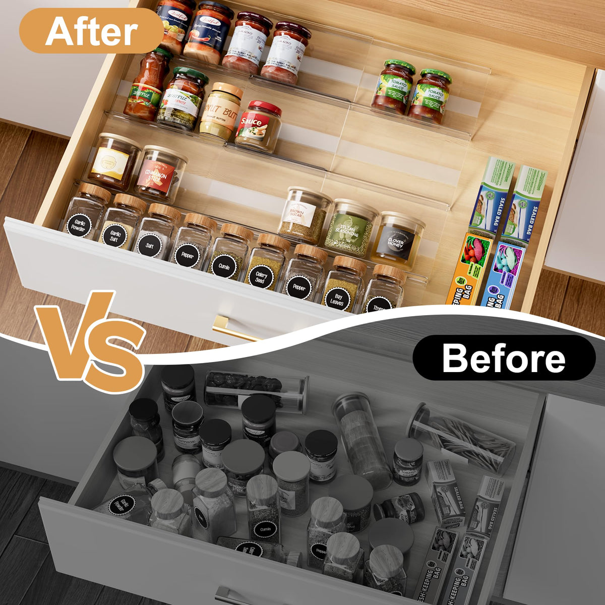 Brippo expandable acrylic spice rack shows extended width for flexible storage.