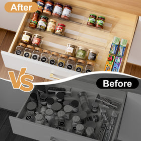 Brippo expandable acrylic spice rack shows extended width for flexible storage.