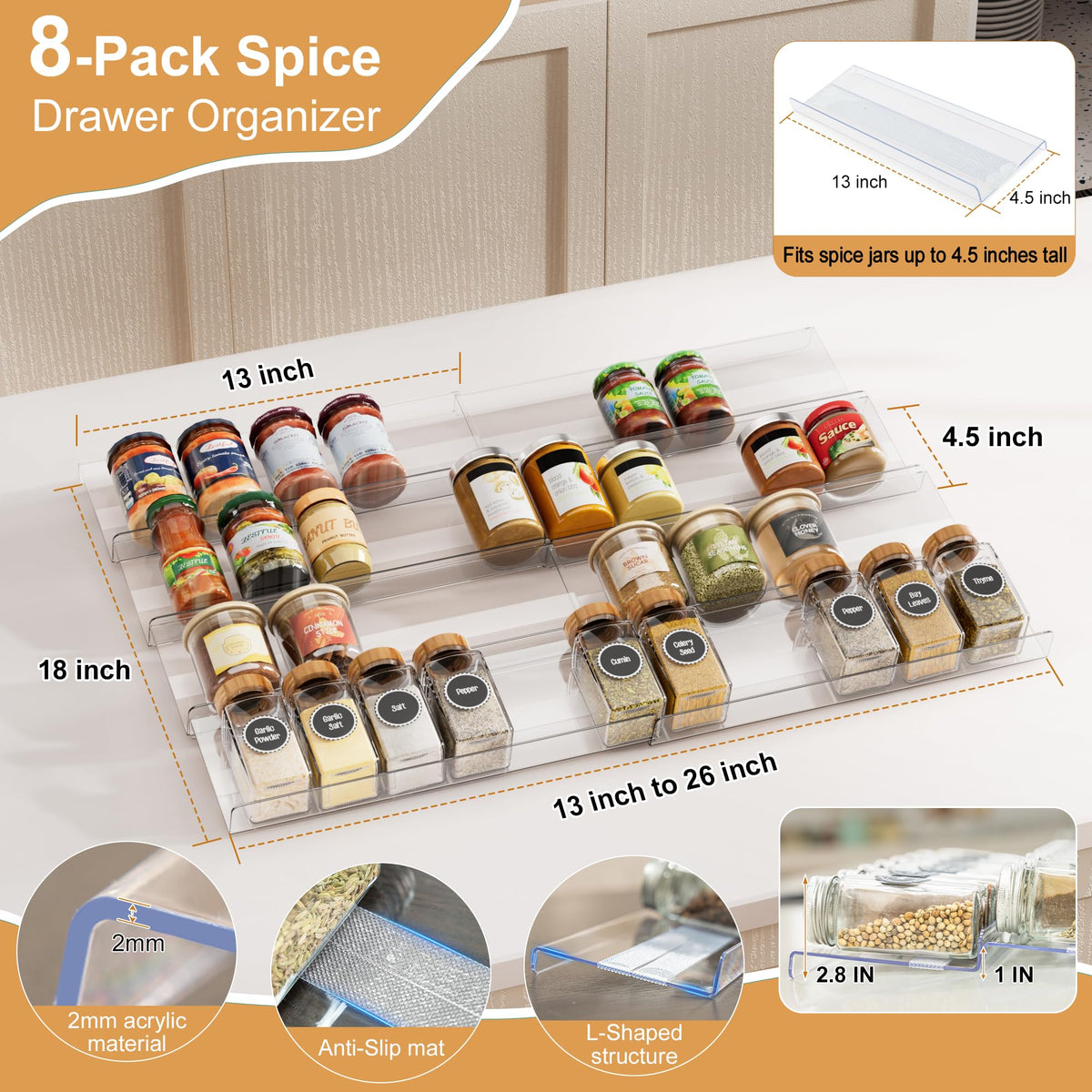 Brippo spice rack holding up to 56 jars in a drawer setup.