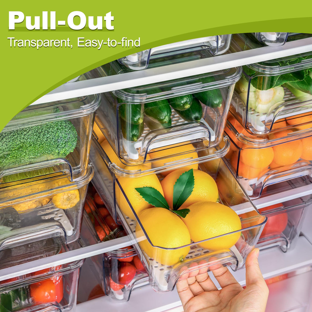 Brippo pull-out stackable bin showing space-saving fridge storage.
