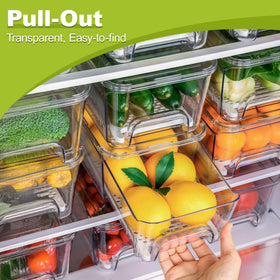 Brippo pull-out stackable bin showing space-saving fridge storage.