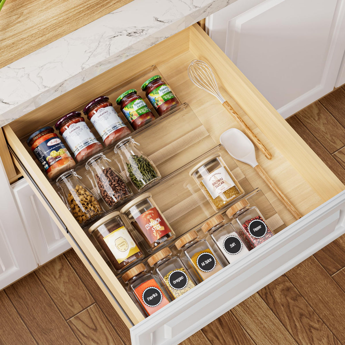 Brippo spice rack drawer extended view highlights flexible width for extra storage.