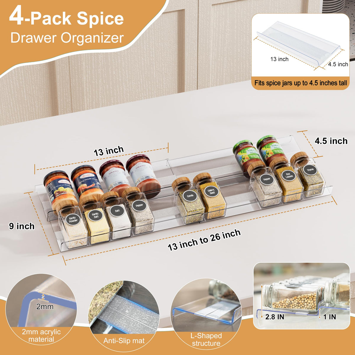 Brippo spice rack tilted clear view enables fast spice picking.