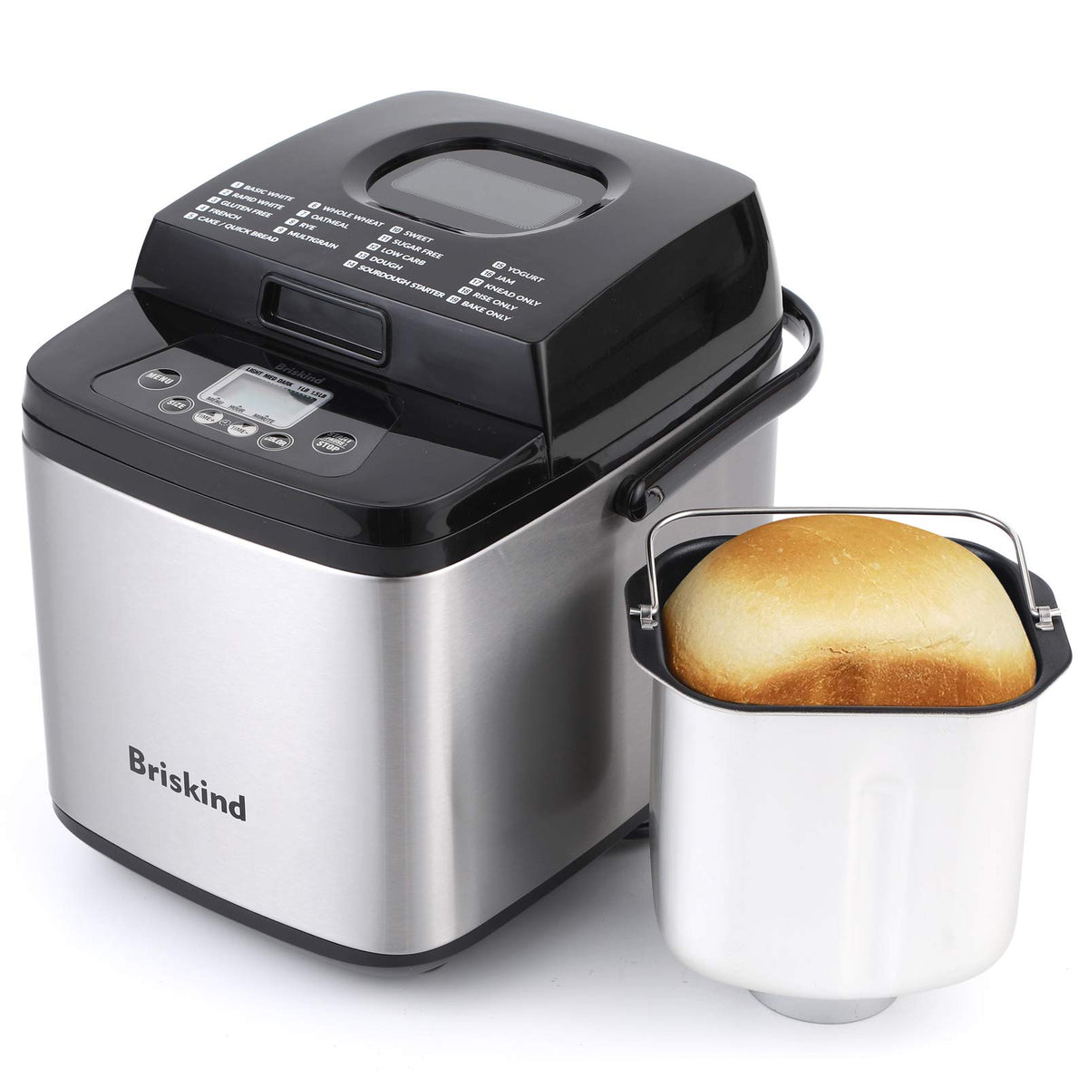Briskind 19-in-1 bread maker front view showing compact footprint and clean lines.
