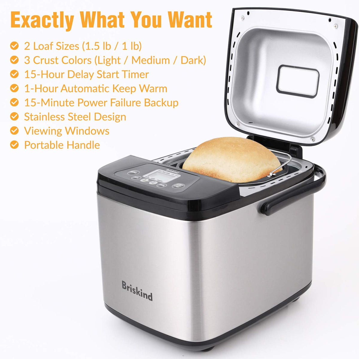 Briskind 19-in-1 bread maker with lid open for easy ingredient access.