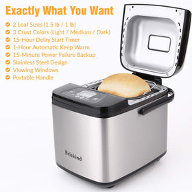 Briskind 19-in-1 bread maker with lid open for easy ingredient access.