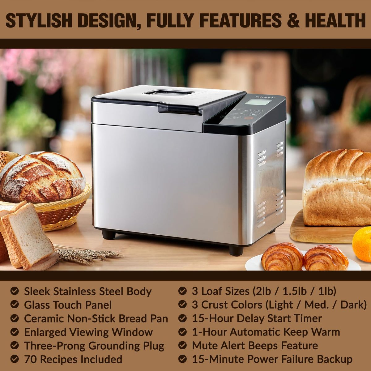 Briskind 2 lb capacity bread maker ready for loaf