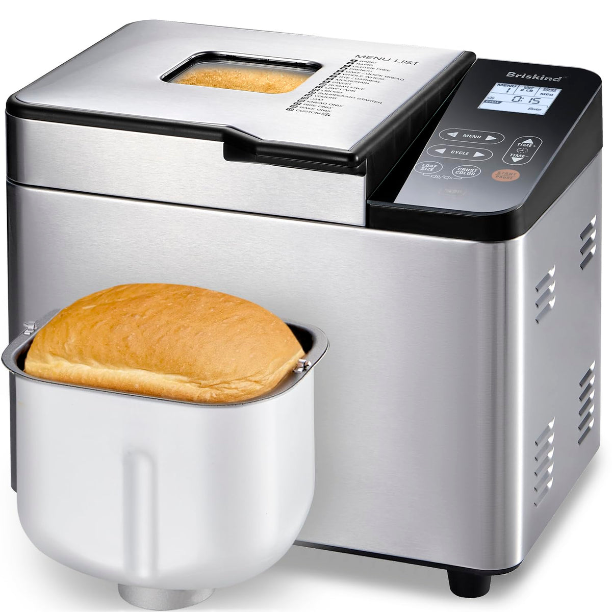 Briskind bread maker with glass panel showing easy bake controls