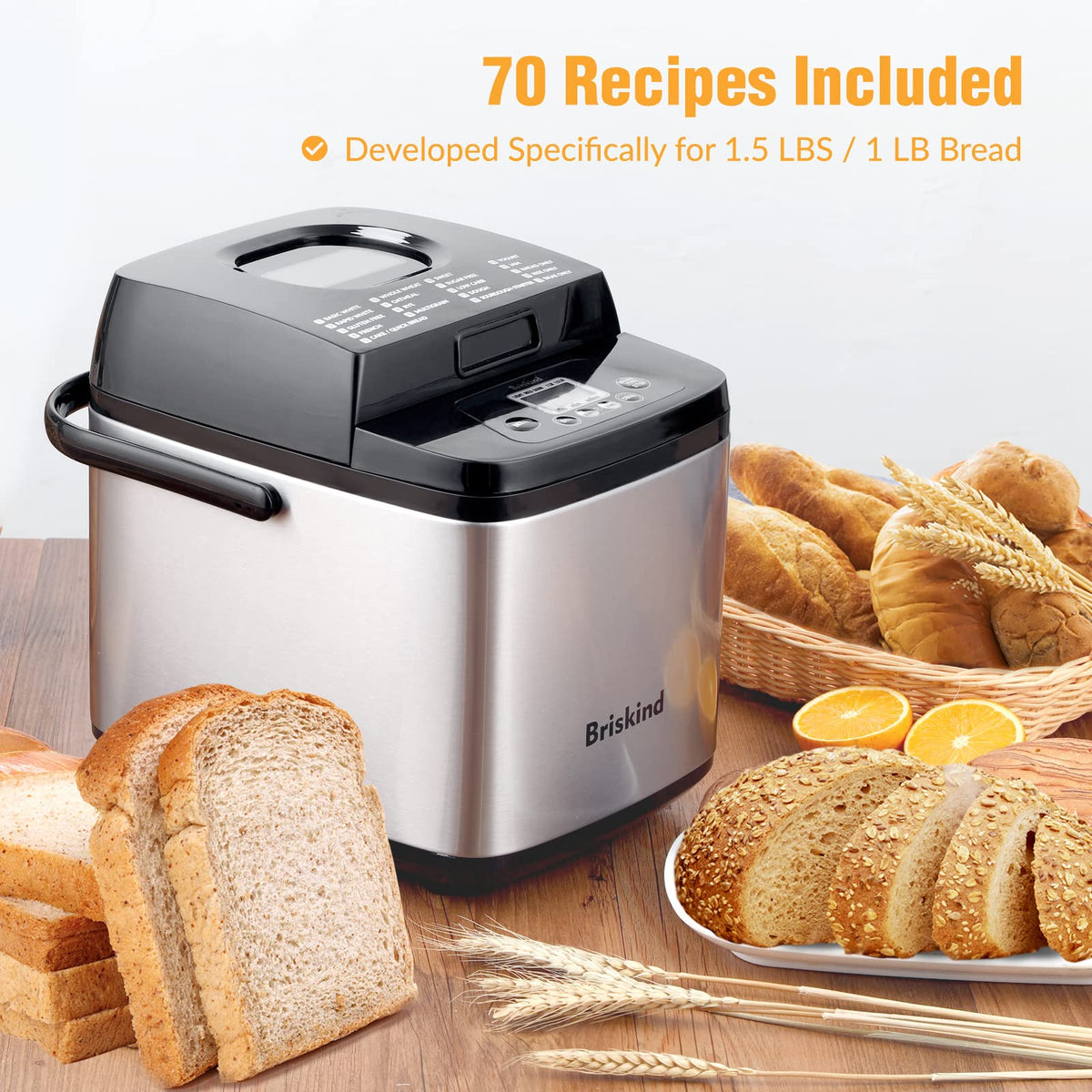 Briskind bread maker jam, yogurt, and dough settings enable versatile baking.