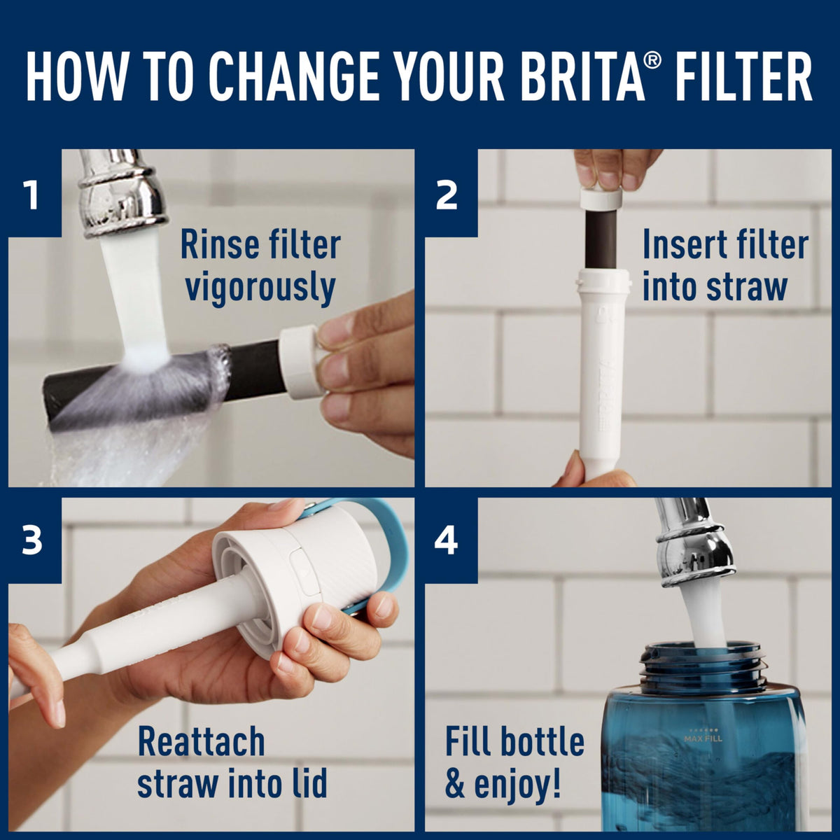 Brita replacement process shows quick, easy filter swap.