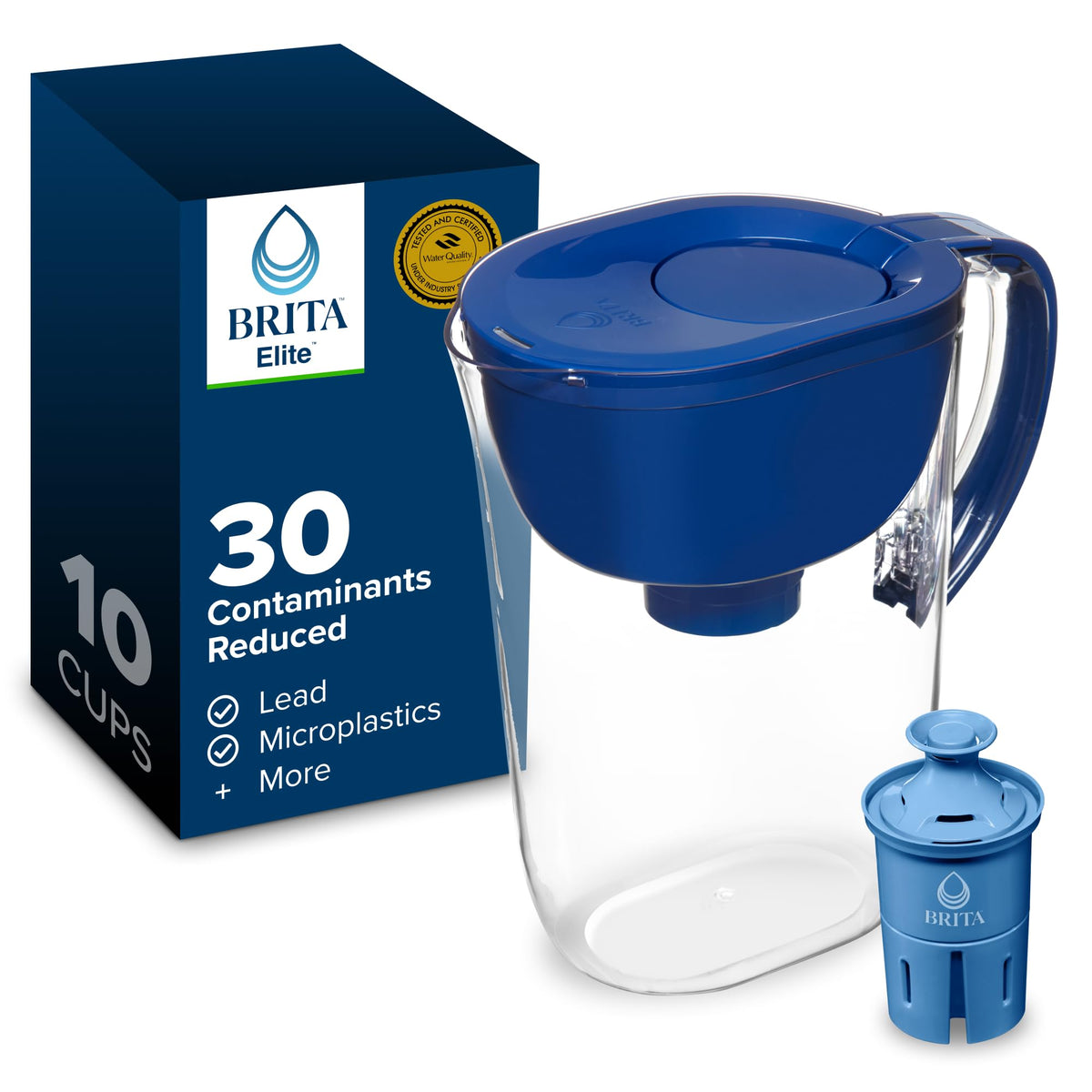 Brita Everyday Elite pitcher blue front view; clean water on demand.