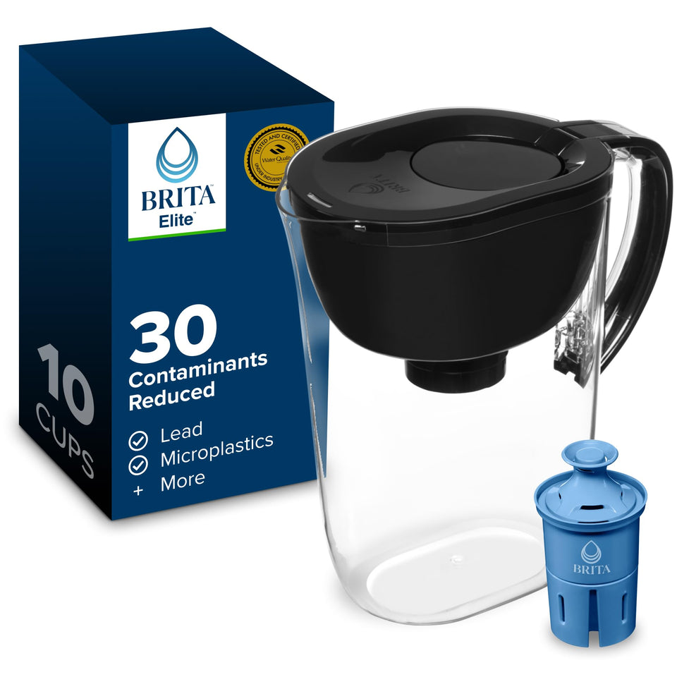 BRITA Everyday Elite pitcher front view highlights 10-cup capacity and BPA-free construction.